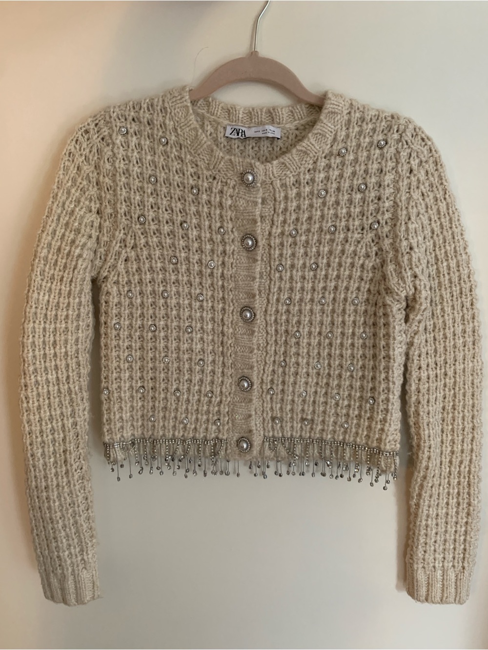 Zara Cream Beaded Cropped Knit Cardigan